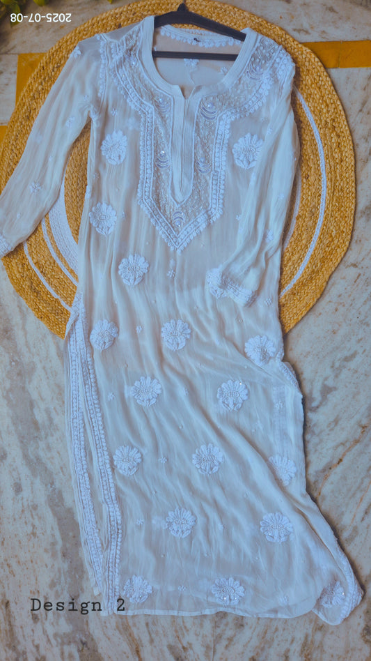 Noori Premium Georgette Luxurious Long Kurtas With Pearls Cutdana Chikankari Embroidery