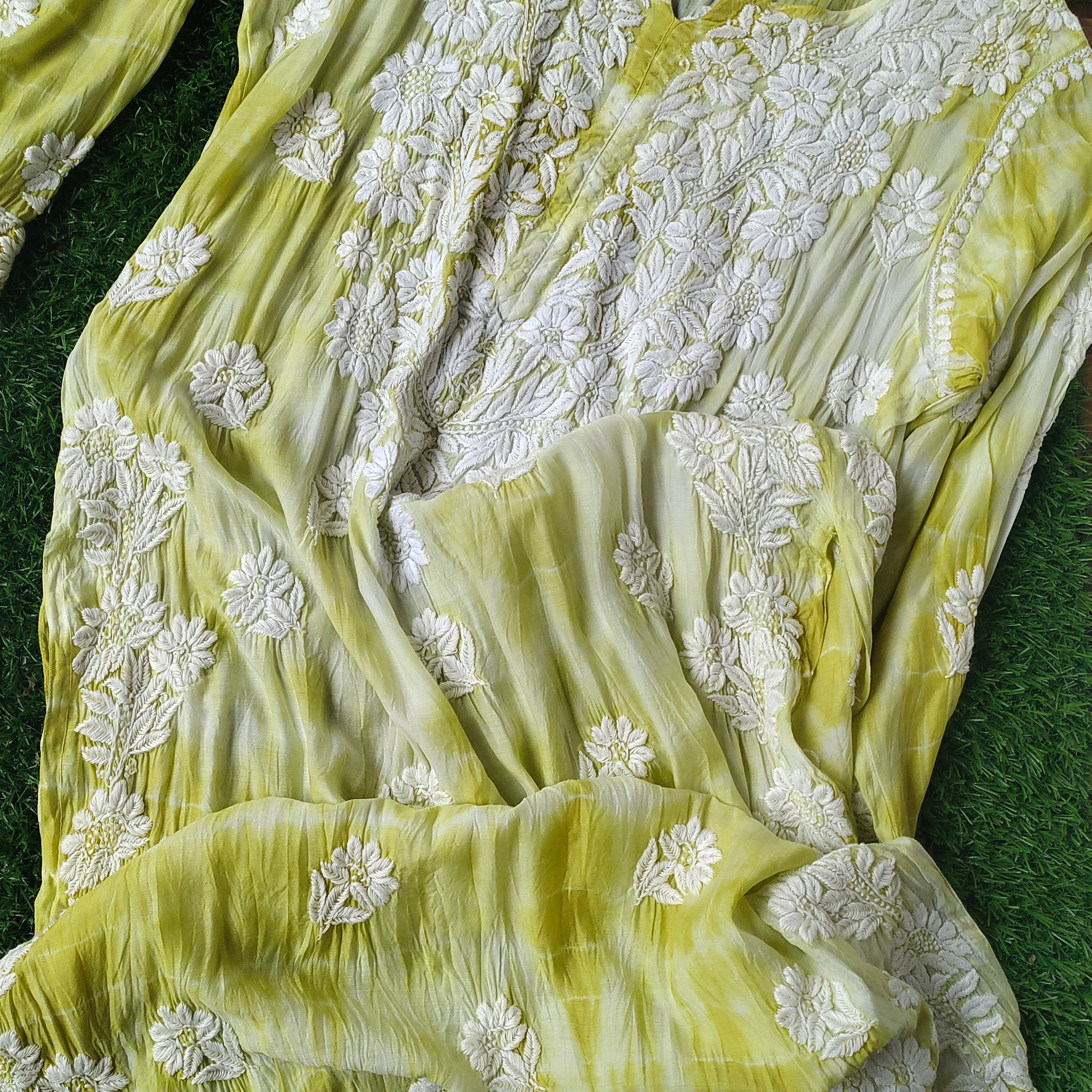 Greenish Tye & Dye Premium Silk Luxurious Look Chikankari Long Kurta