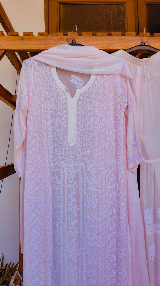 Baby Pink Noori Full Jaal Pearl Cutdana Chikankari Embroidery Long Luxurious kurta Pure Handcrafted