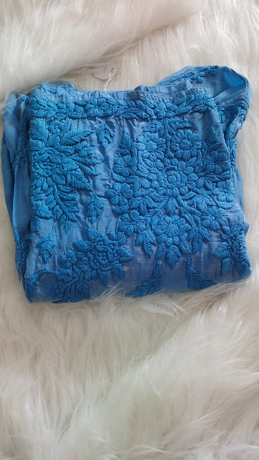 Sunflower Soft Blue premium Silk Chikankari Long Kurta