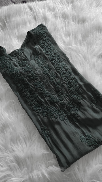 Sunflower Jet Black Premium Silk Chikankari Luxurious Long Kurta