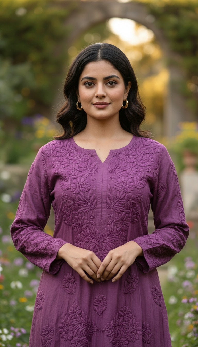 Long Straight cut 46+ length Premium Silk Chikankari Kurti  for Women