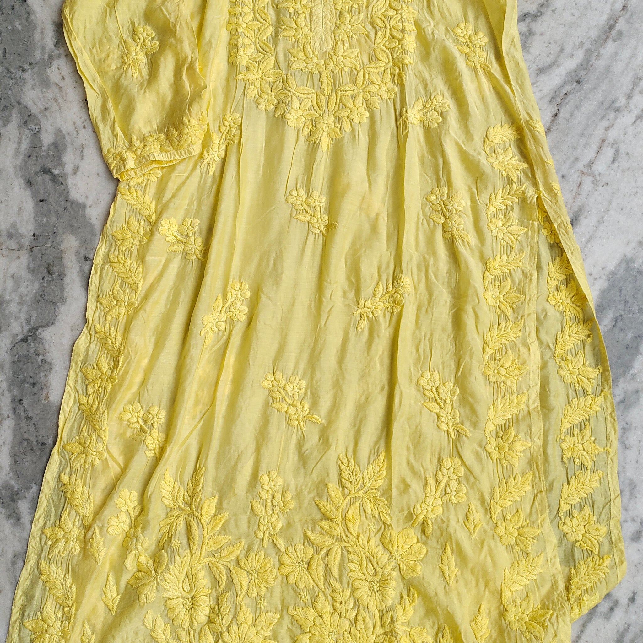 Heer Yellow Shine Premium Silk Chikankari Long Kurta