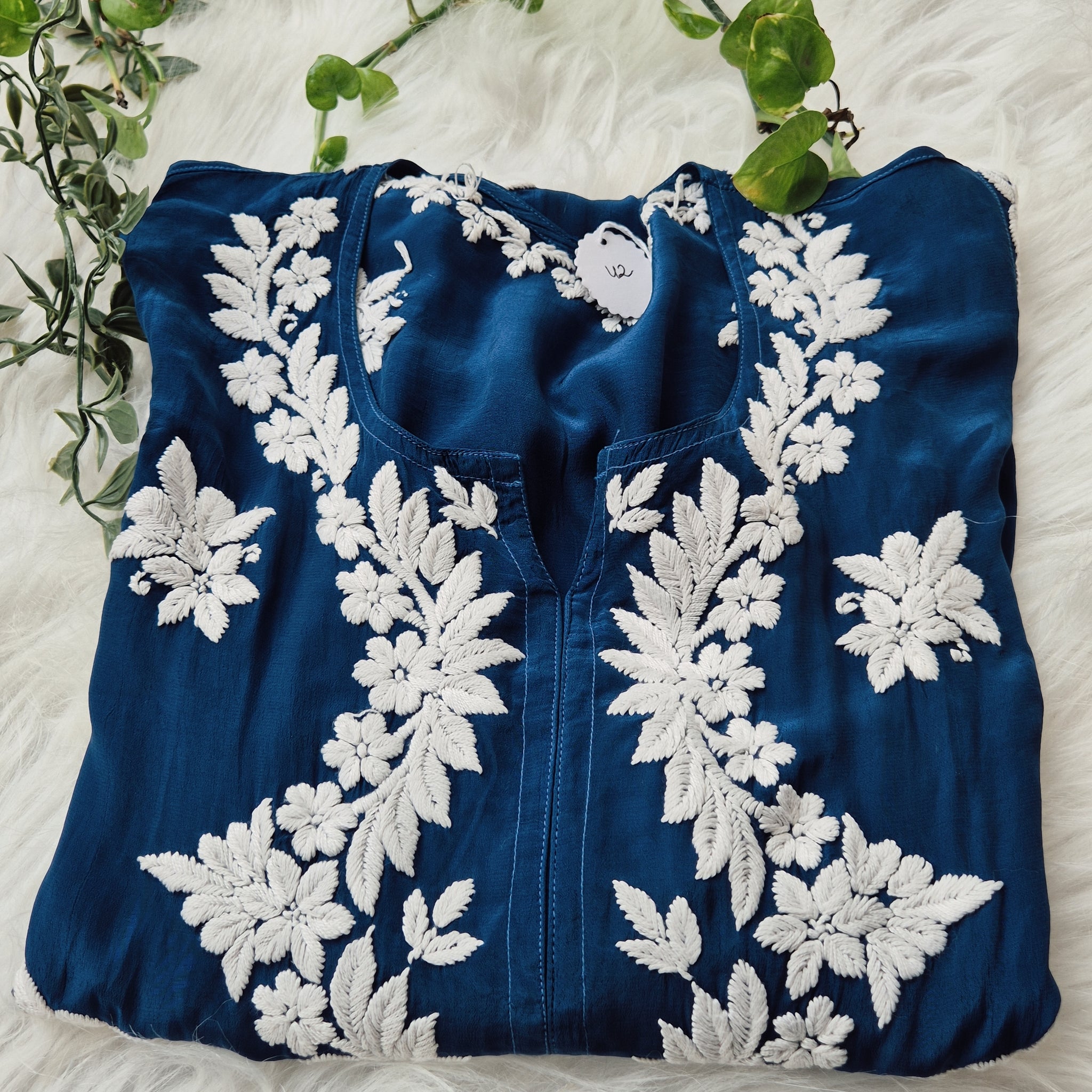 Shine Blue Premium Silk Chikankari Luxurious Long Kurti For women
