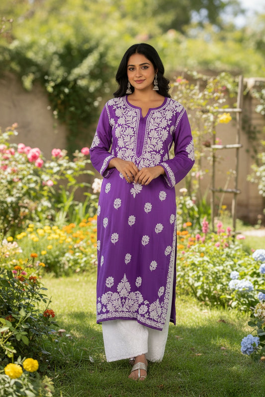 Shanaya Premium Chikankari Long Kurta Neck Daman Embroidery