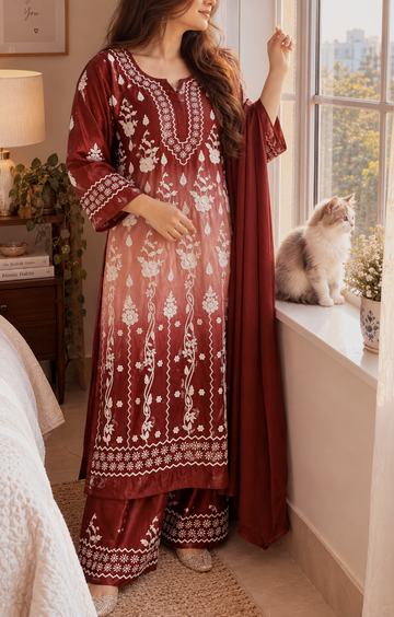 Rust maroon chikankari Kurti co-ord Premium Set Front Back Embroidery Special (Limited Edition)