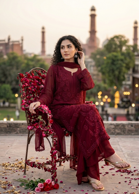 RAFIYA maroon  Premium Silk  Puffed Chikankari Long Kurta Pure Handcrafted