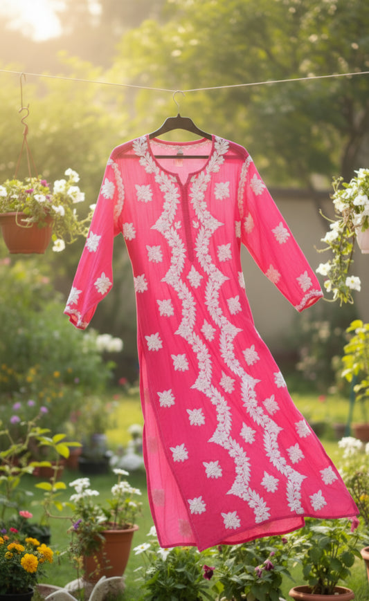 Pinkish Heavy Pure Handcrafted Embroidery Premium Silk Chikankari Kurti set for Women