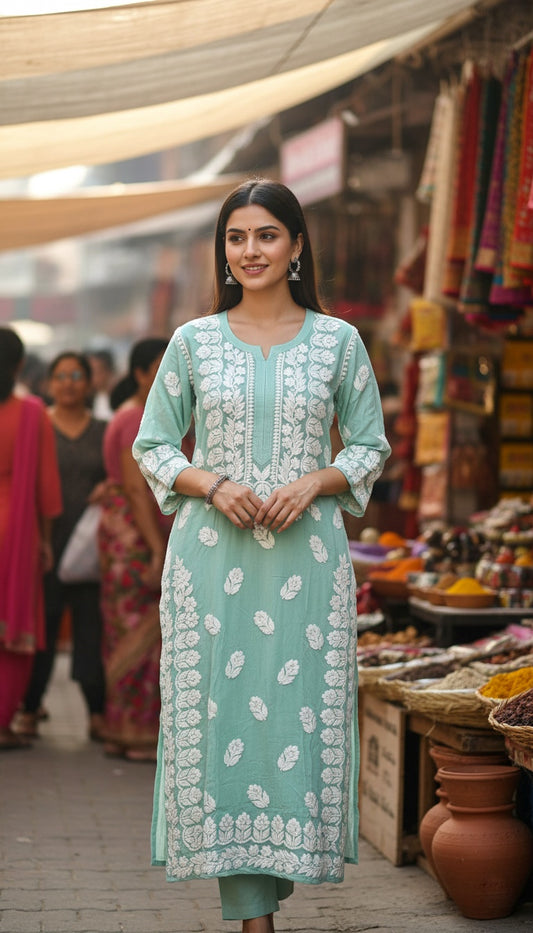 Pista Green Premium Georgette Chikankari Luxurious Long Kurta