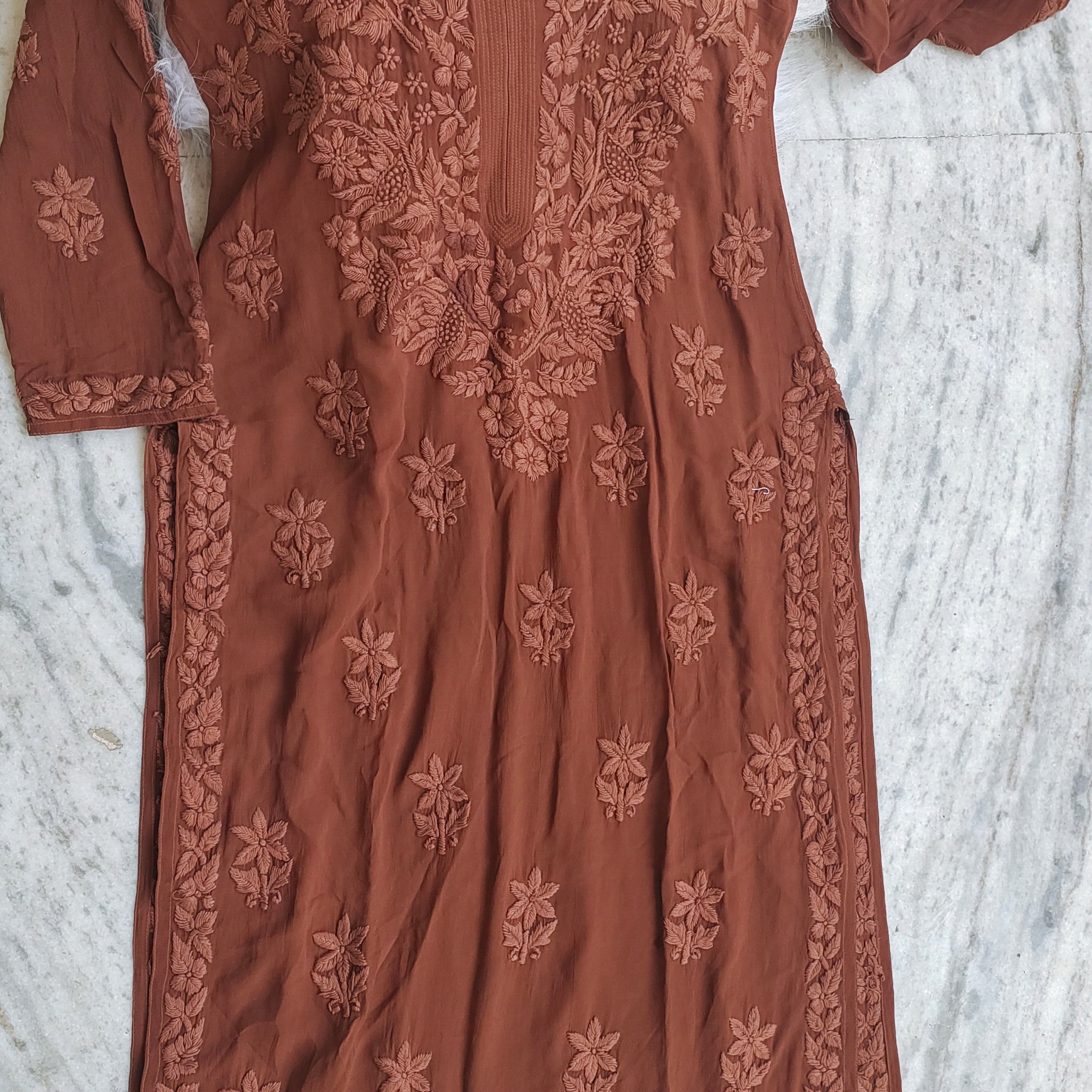 Noorani Brown Premium Georgette Chikankari Daman Booti Kurta