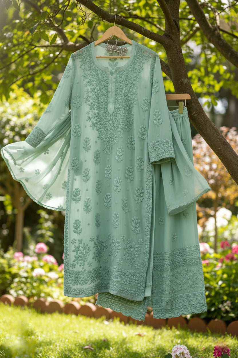 Adah Lace Bottom Premium Georgette Chikankari Luxurious Kurta Set ( Embroidered Dupatta)