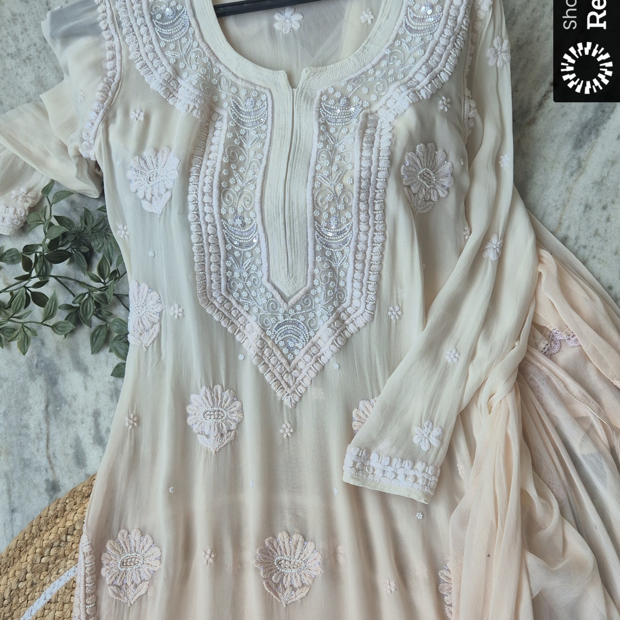 Restock Noori Powder Brown Premium Georgette Chikankari Kurta With Cutdana Pearl Embroidery(Ready To Dispatch)