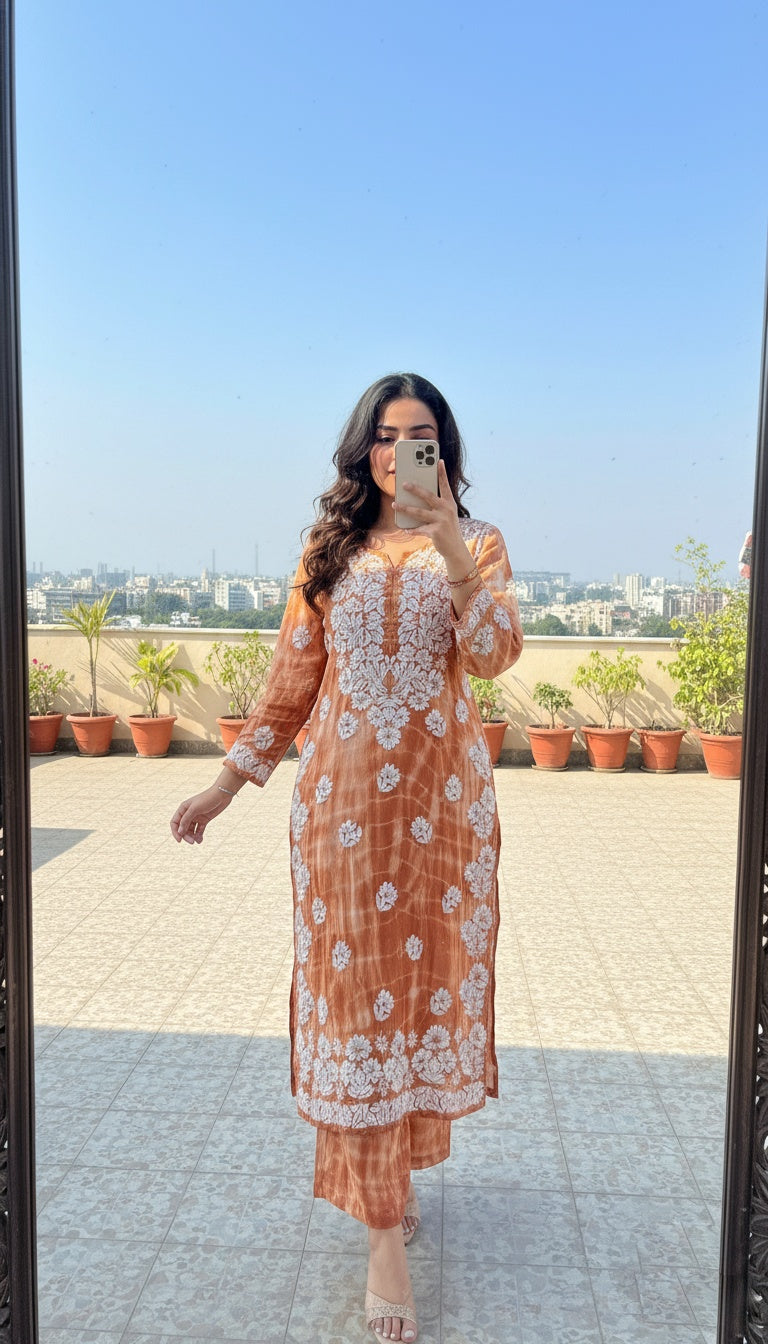 Powder Brown Pure Handcrafted Premium Silk Chikankari Luxurious Long Kurta