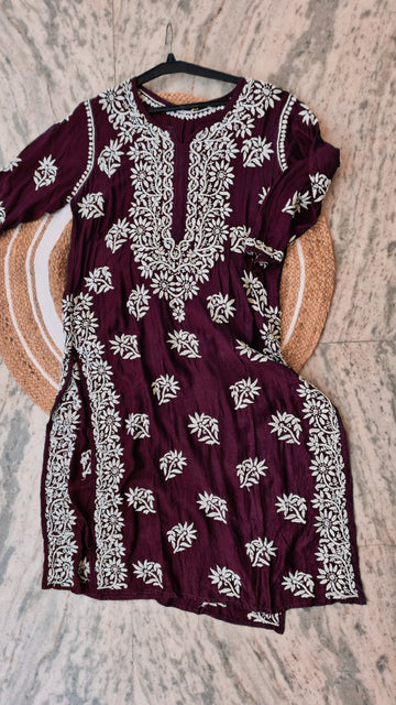 Cosmos Premium Cotton Deep Red Chikankari Luxurious Long Kurti For women