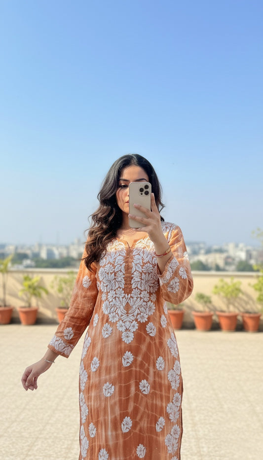 Powder Brown Pure Handcrafted Premium Silk Chikankari Luxurious Long Kurta