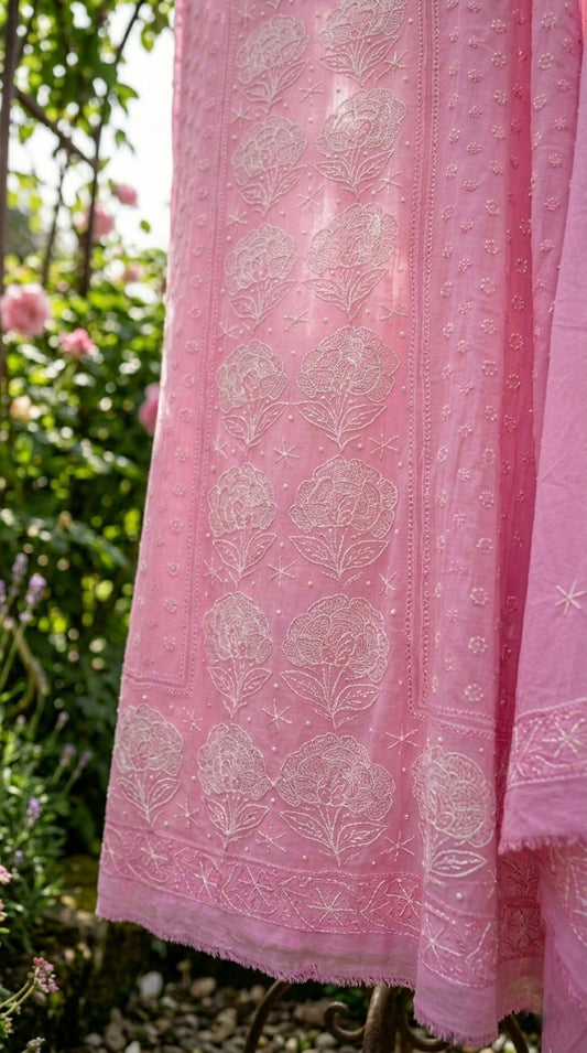 Noore Jahan Premium Georgette Pearl Rose Embroidery With Touch Of Chikankari Kurta Dupatta Set (Unstitched)