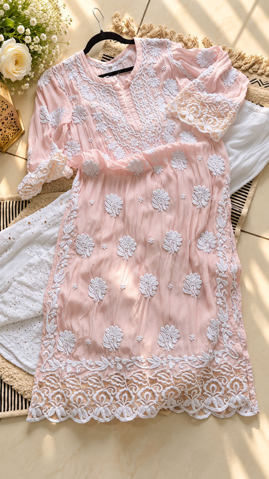Soft Rose Silk & Georgette Pure Handcrafted Chikankari kurti co-ord Set