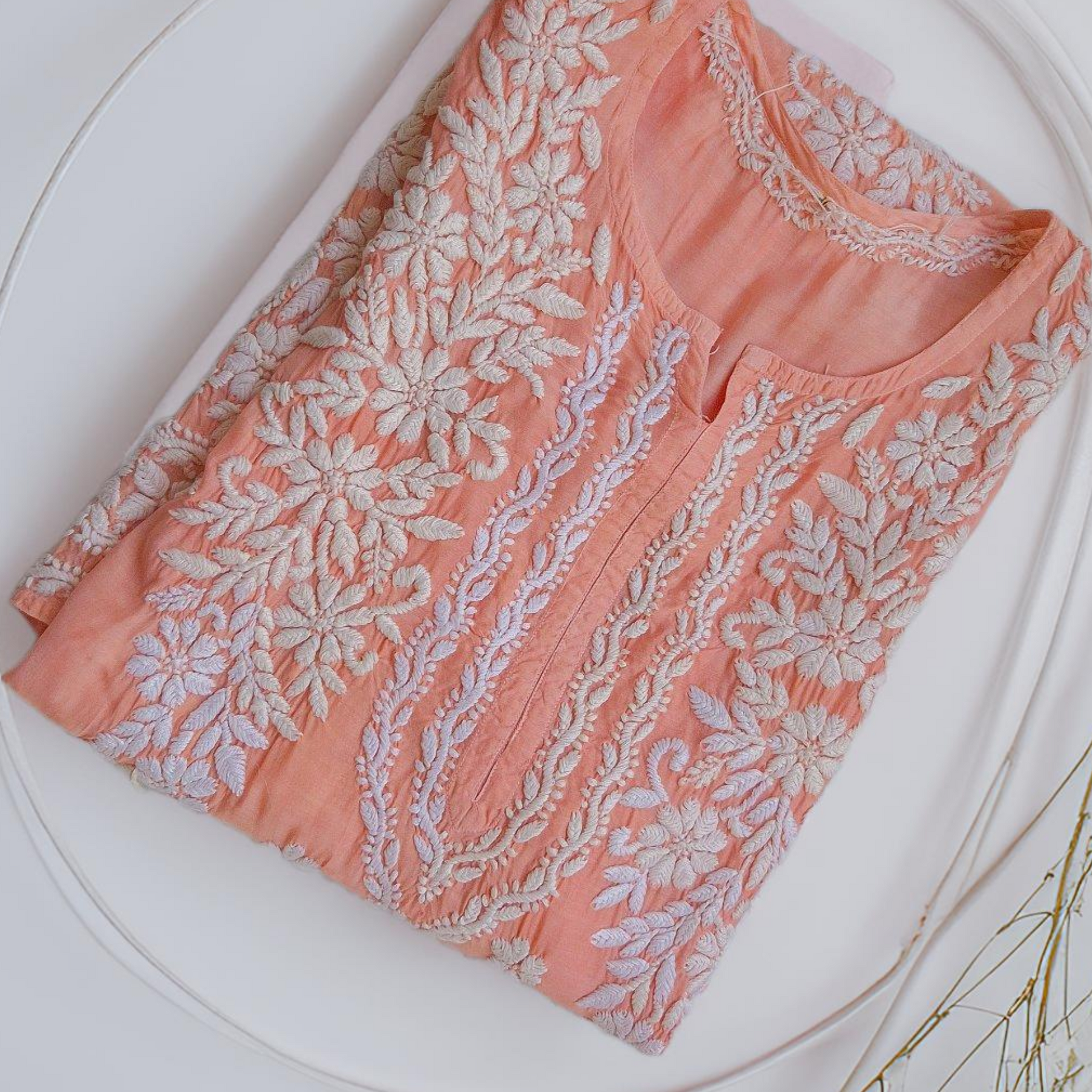 Bright Peach Premium Soft Silk Chikankari Pure Handmade Long Kurti