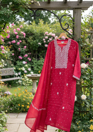 Beautiful Premium Chanderi Unstitched Kurta Dupatta Set Chikankari & Pearl Add-on