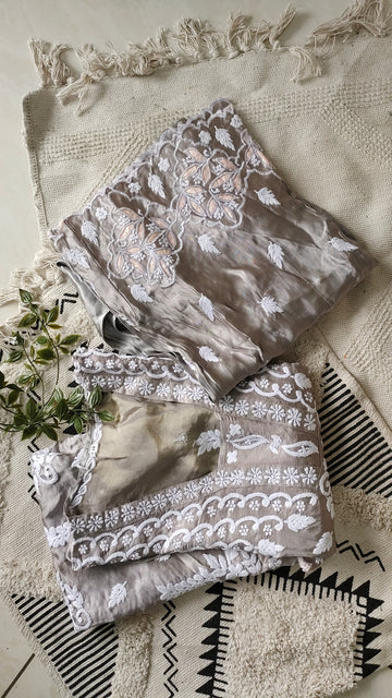Huma Silver Silk Pure Handcrafted Designer Co-ord Set with Chikankari and golden Gota work
