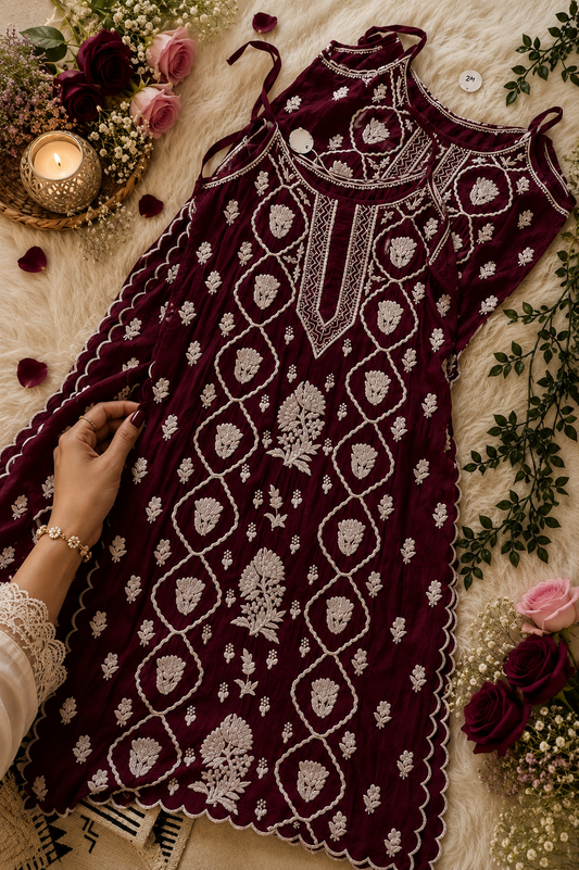 Blood Red Tulip Beautiful Premium crepe silk Pure Handcrafted Tunic