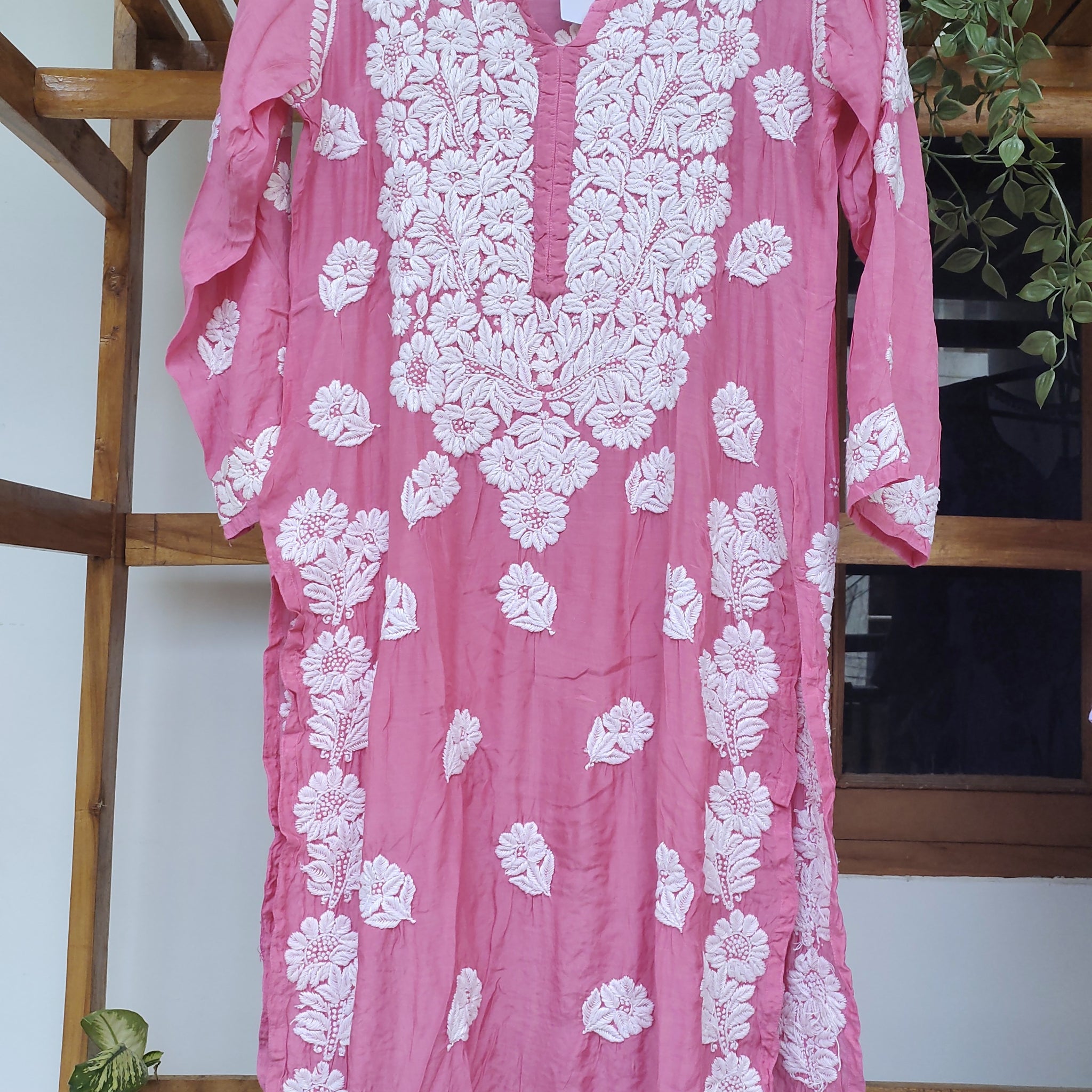 Farah Pinkish Premium Silk Luxurious Chikankari Kurta (Unique Back Embroidery)