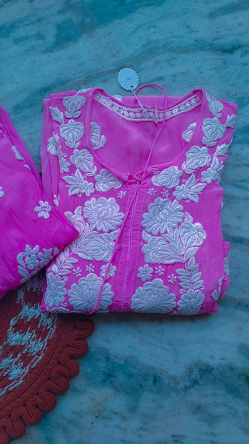 Pinkish Plus size Premium Silk Pure Handcrafted Chikankari co-ord Set
