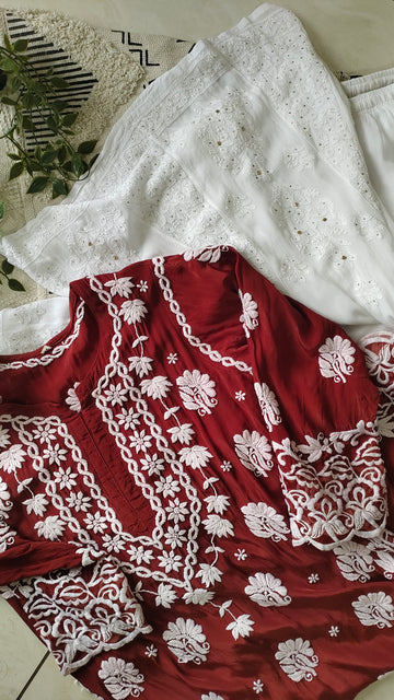 Zainy Premium Silk & Georgette Pure Handcrafted Chikankari co-ord Set