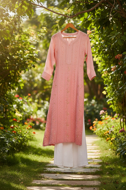 Noori Premium Mul Soft Cotton Muslin Long Chikankari Kurta With Pearl And Cutdana Add On