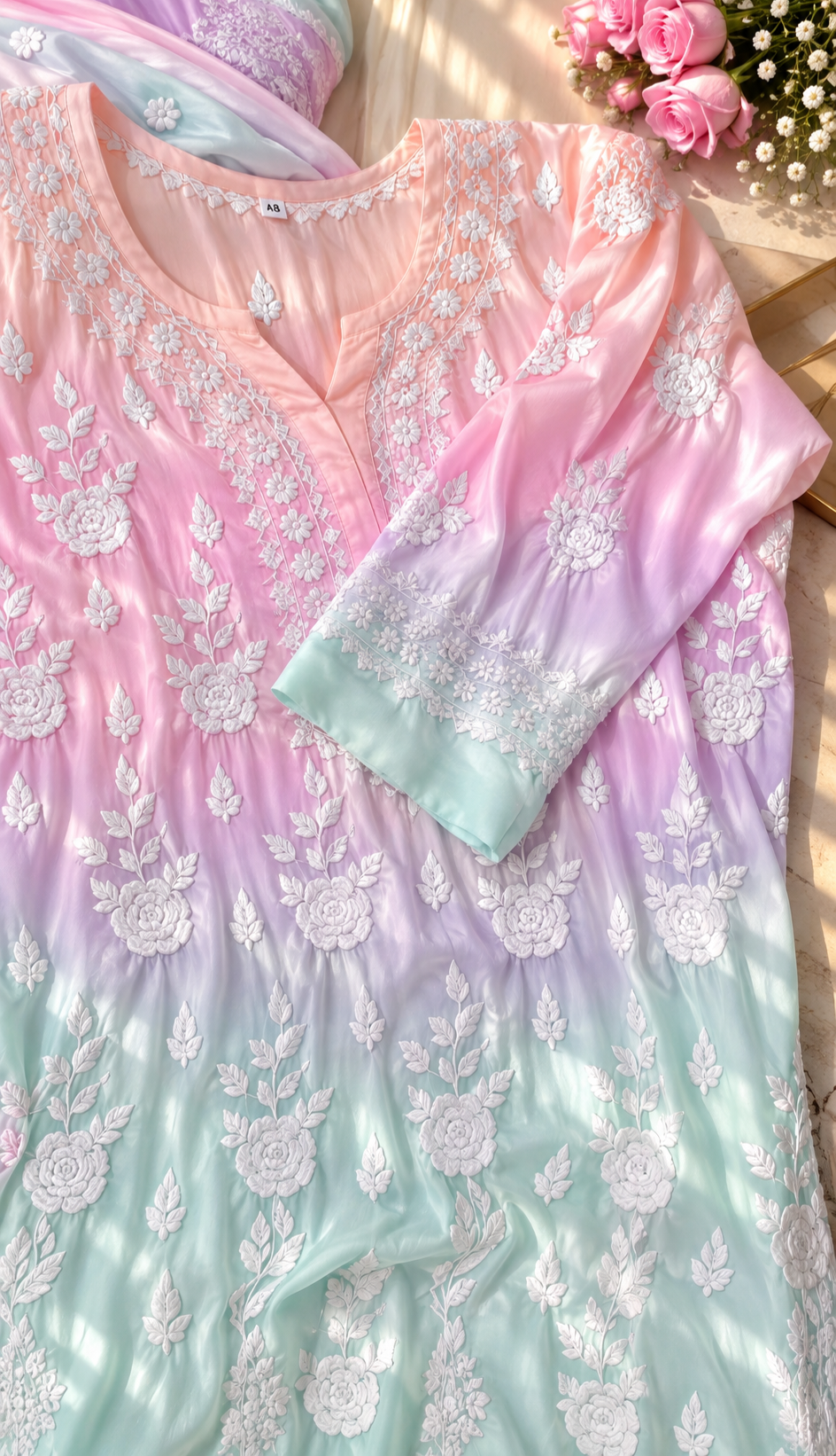 Handmade LVW Fashions silk Chikankari kurti co-ord set with intricate front and back embroidery, traditional Lucknow craftsmanship.