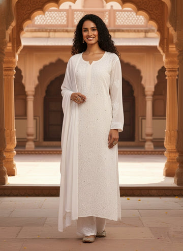 White Premium Georgette Chikankari Luxurious Set With Kamdani Add on