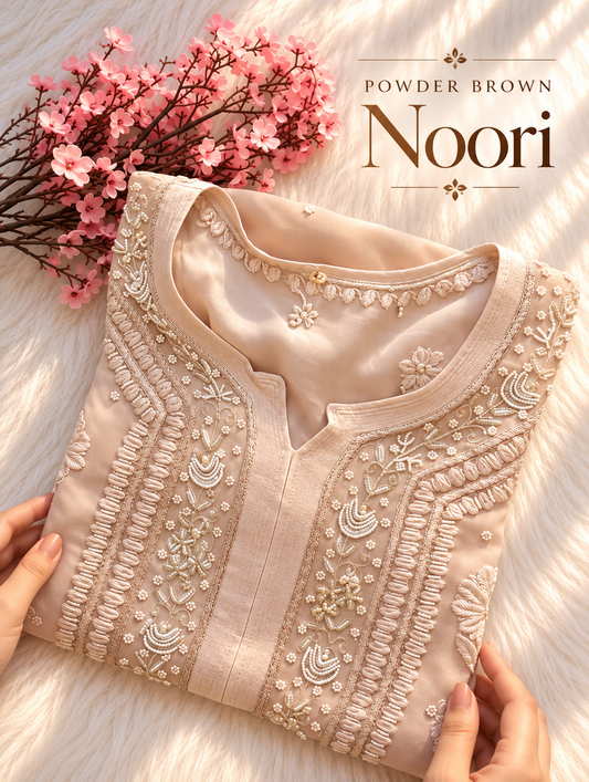 Powder brown premium georgette long kurta with intricate handmade chikankari embroidery, crafted by LVW Fashions in Lucknow style.