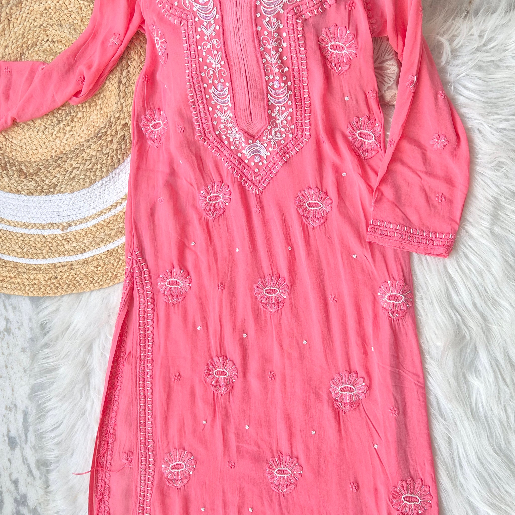 Peaches Pink  Noori  Premium Georgette Chikankari Kurta Cutdana Embroidery