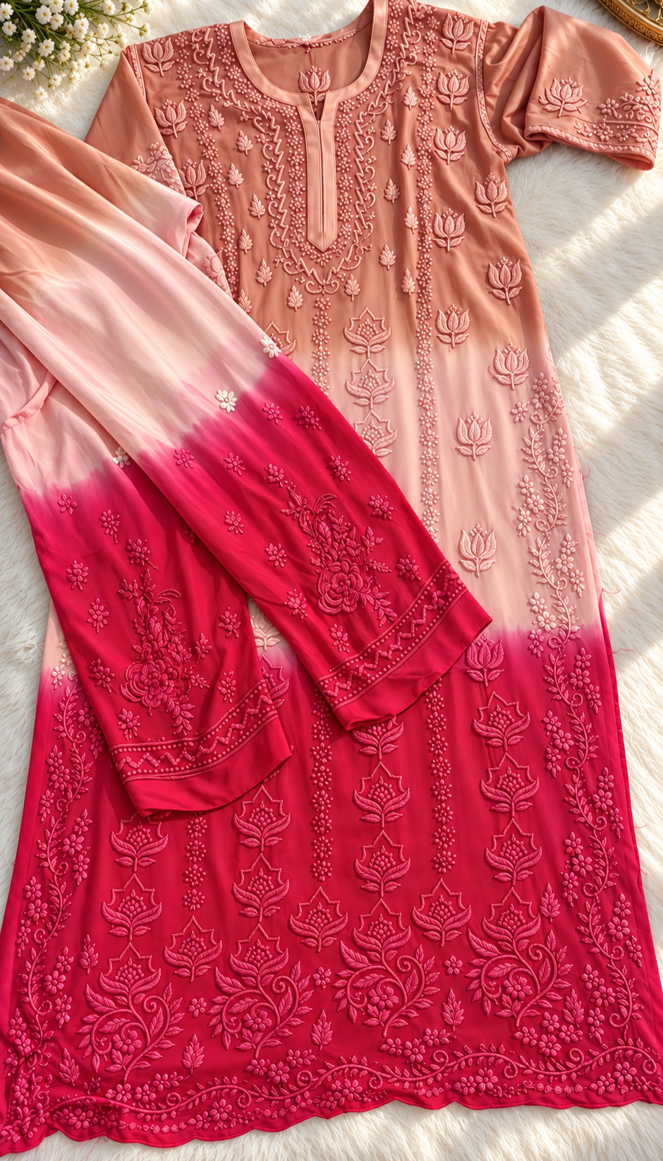 Luxurious ivory Georgette long Kurta with intricate handmade Chikankari embroidery by LVW Fashions, perfect for elegant women.