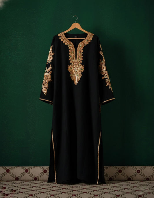 Super Luxurious Kashmiri Golden Boti Tilla Embroidered Pure Woollen Phiran – Black | Handcrafted Heritage