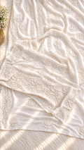 White Rich Viscous Georgette Chikankari long kurti set with intricate handcrafted embroidery from LVW Fashions.