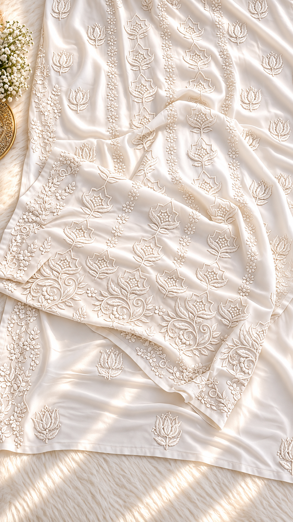White Rich Viscous Georgette Chikankari long kurti set with intricate handcrafted embroidery from LVW Fashions.