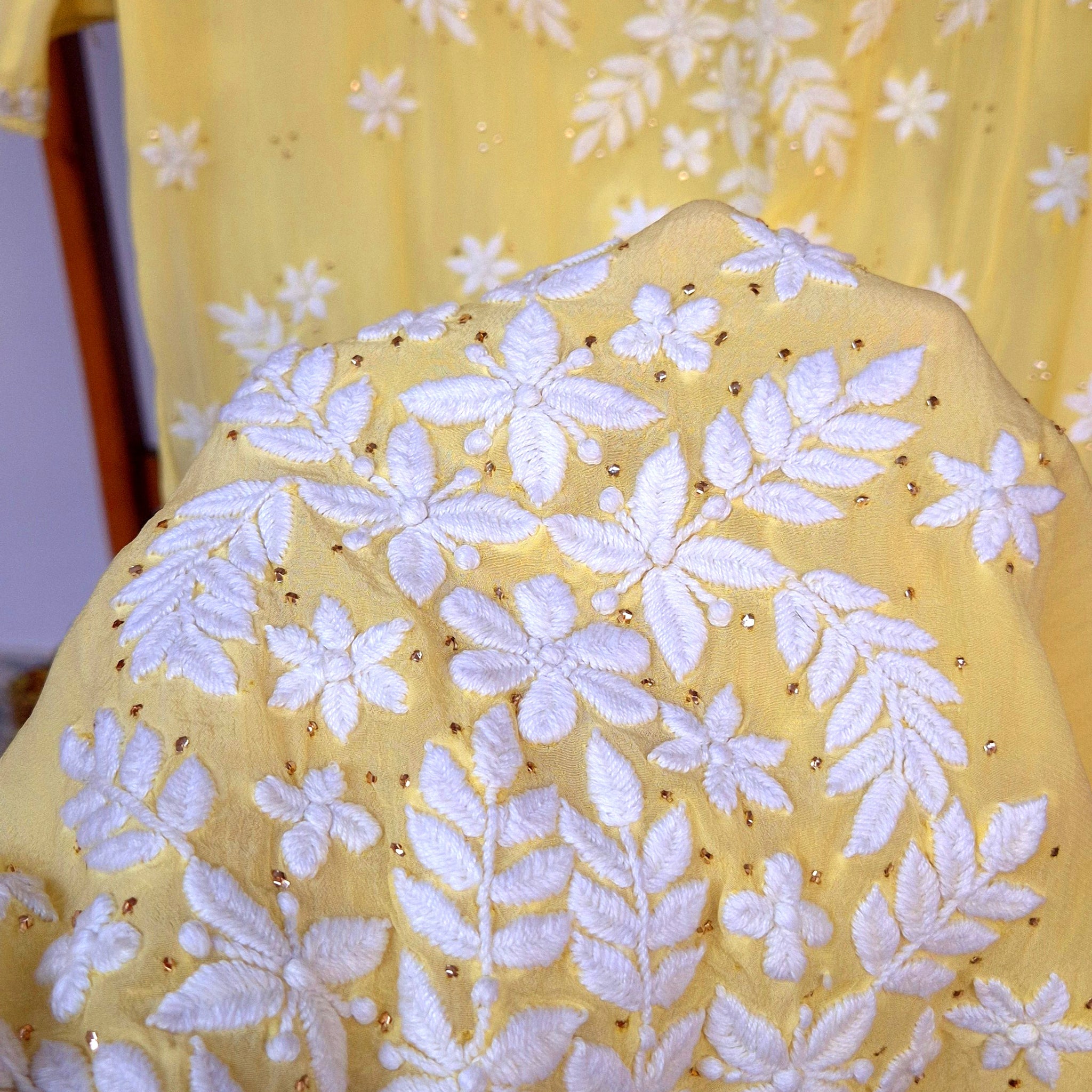Sunshine Yellow Premium Silk Chikankari Long Kurti with Mukaish