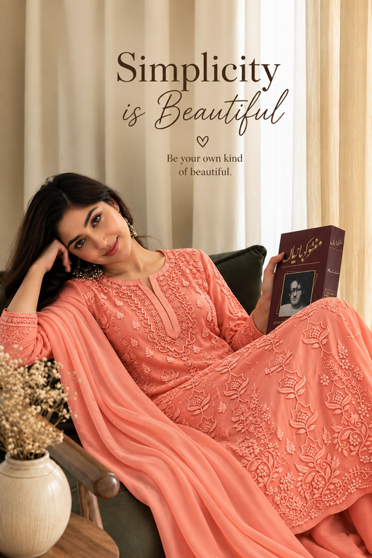 Handmade Peaches Lotus Viscose Georgette Chikankari Kurta with rose palette embroidery from LVW Fashions, featuring Lucknow Chikankari craftsmanship.