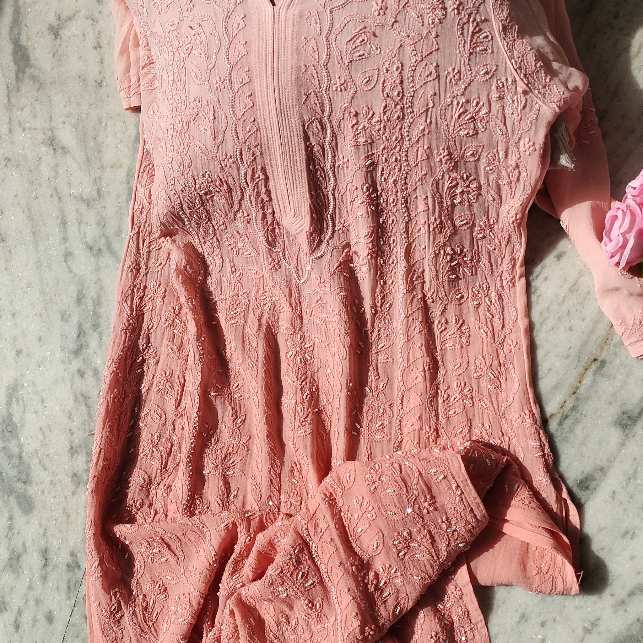 Noori Full Jaal Pearl Cutdana Chikankari Embroidery Long Luxurious kurta Pure Handcrafted