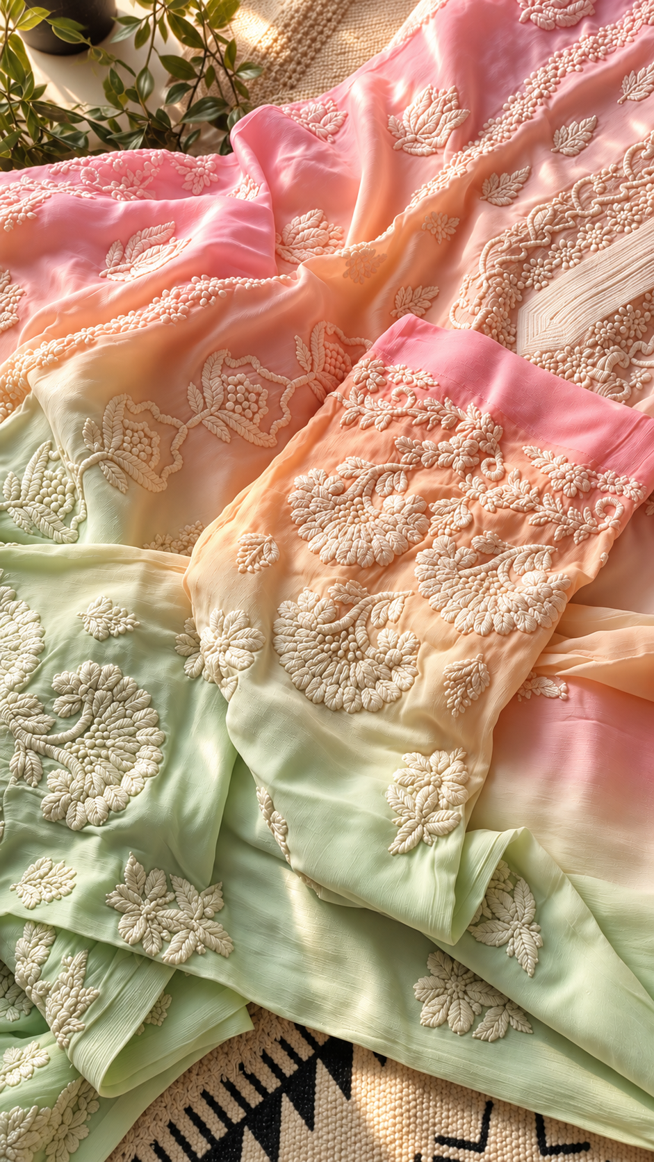 Luxury Candy Ombré Georgette Chikankari long kurta for women featuring intricate Lucknow-style hand embroidery by LVW Fashions