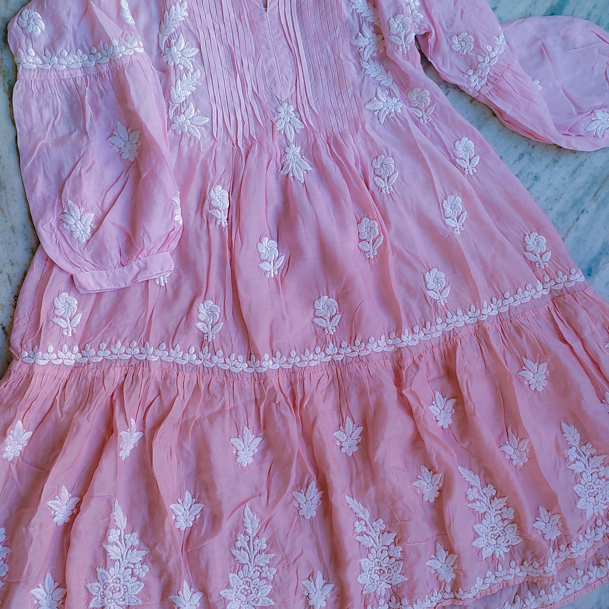 Beautiful Ombre Peach Midi Dress Pure Handcrafted Luxurious Chikankari