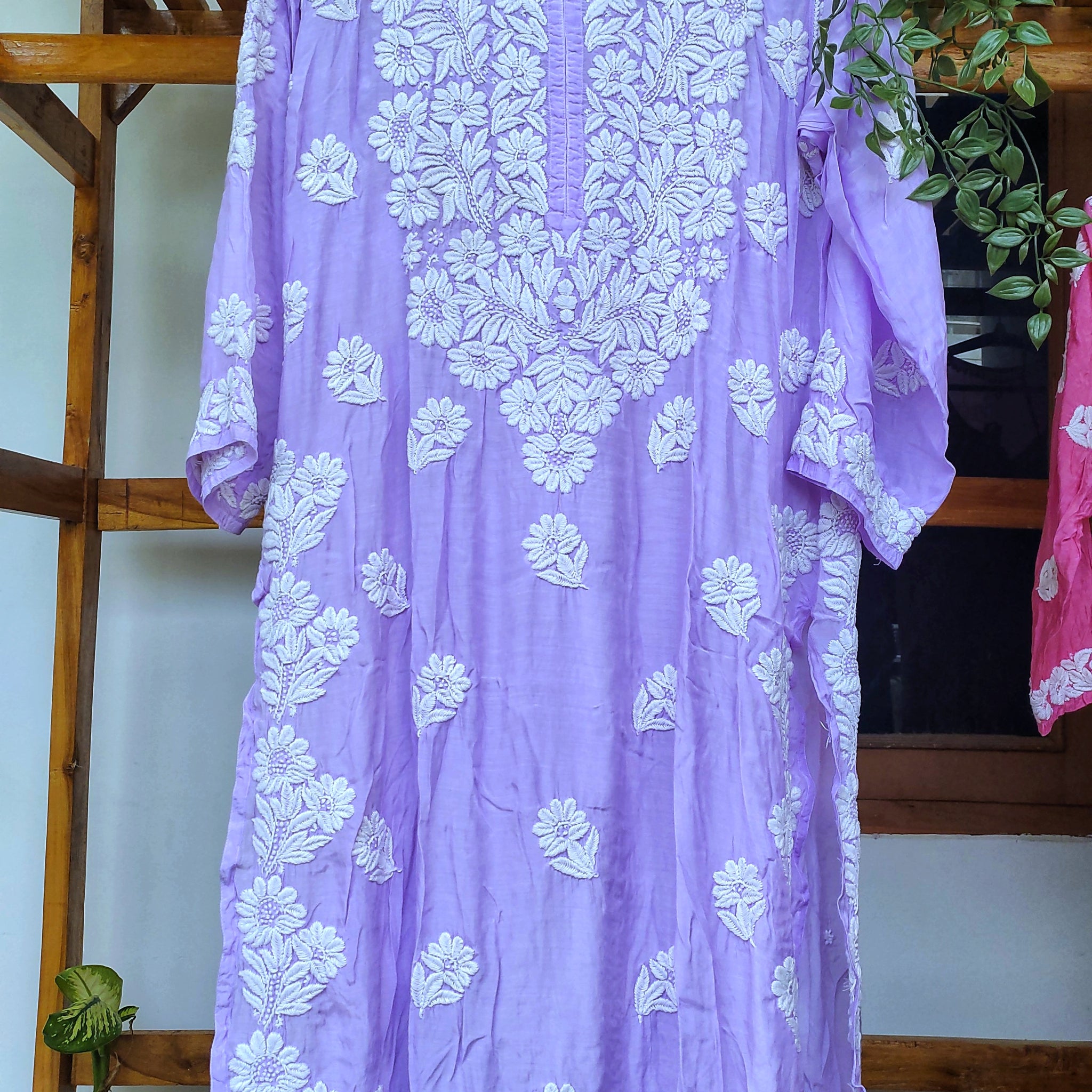 Farah Purple Premium Silk Luxurious Look Chikankari Long Kurta (Unique Back Embroidery)