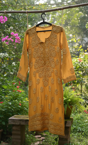 Turmeric Yellow Premium Silk Chikankari Luxurious Long Kurta