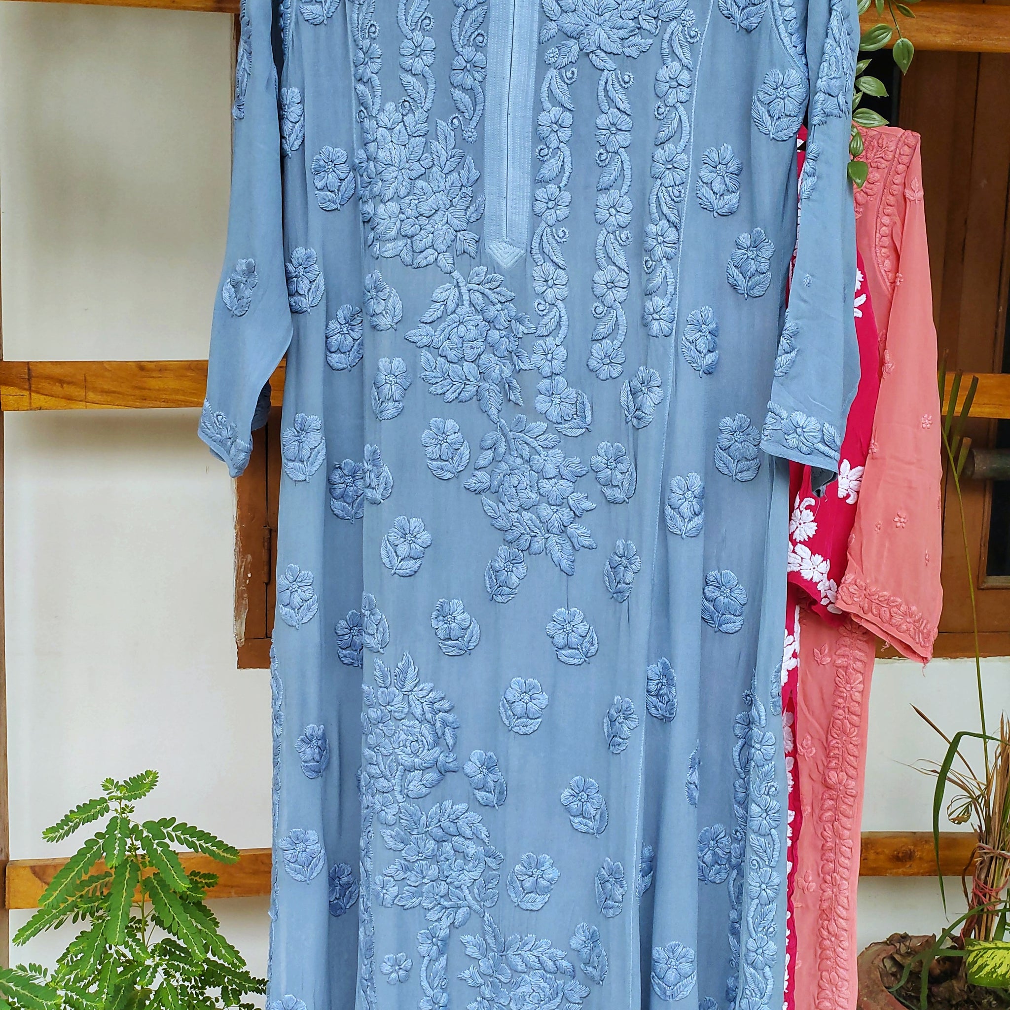 Premium Georgette  5 Roses Chikankari Long Kurti