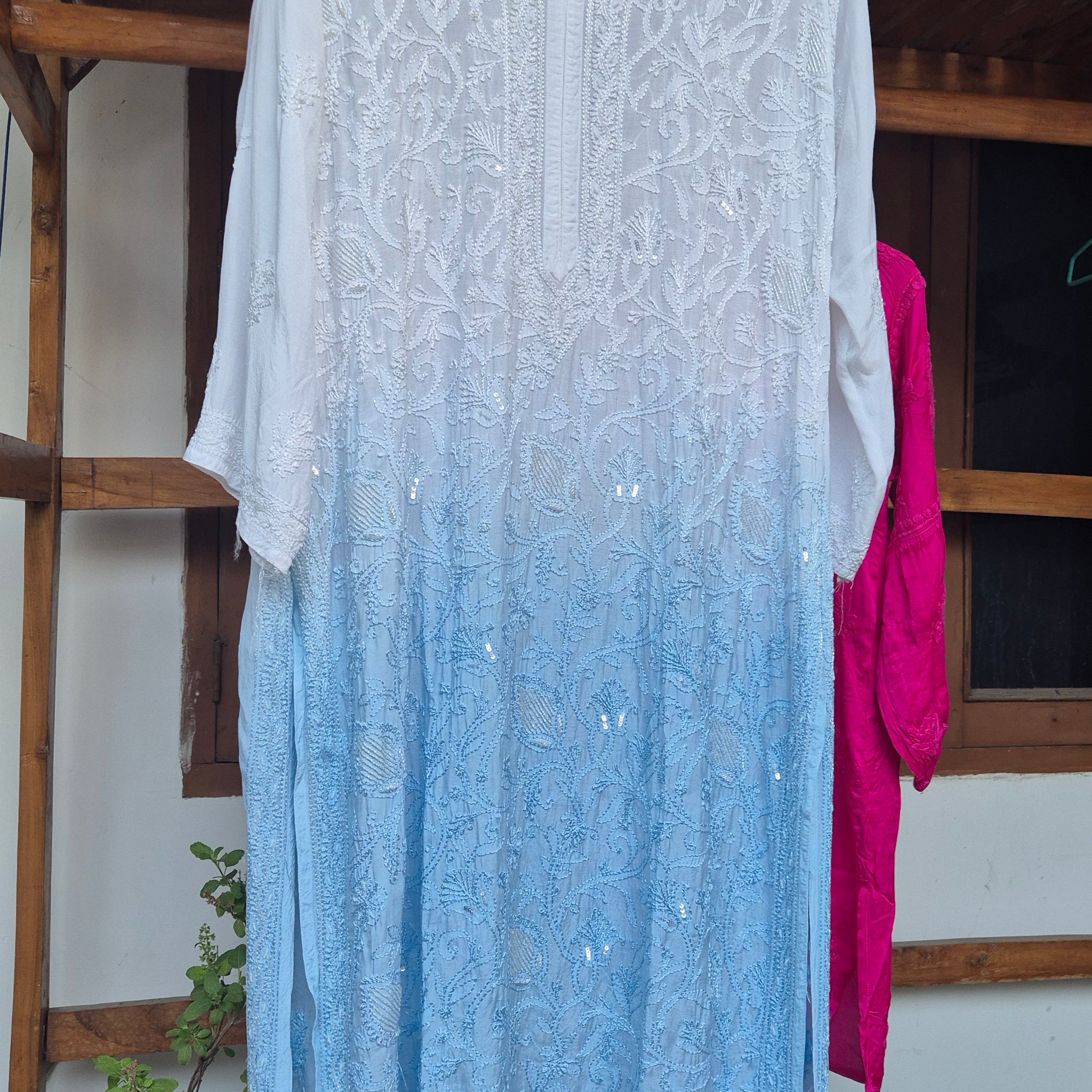 Noori Premium Mul Soft Cotton Muslin Long Chikankari Kurta With Pearl And Cutdana Add On
