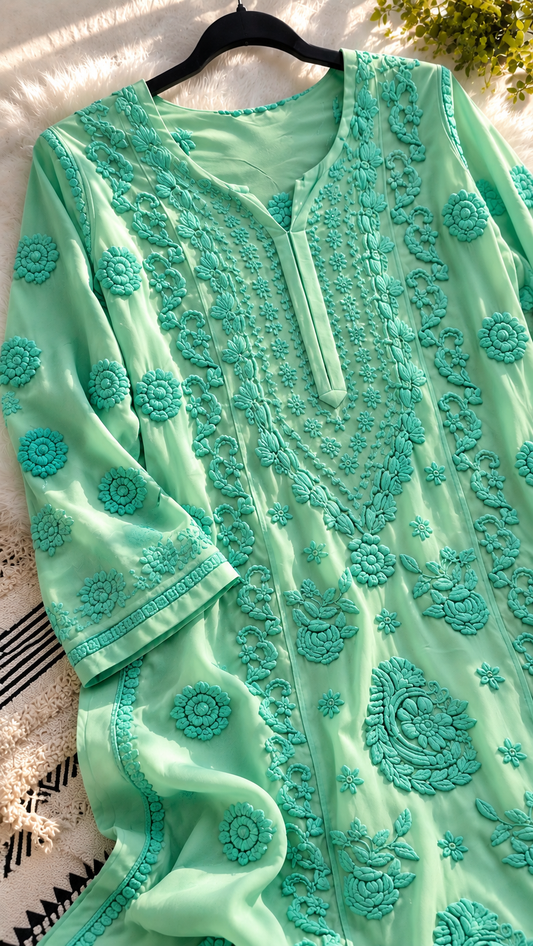 New Drop of Viscose Premium Georgette Chikankari kurta Set 7D Embroidery