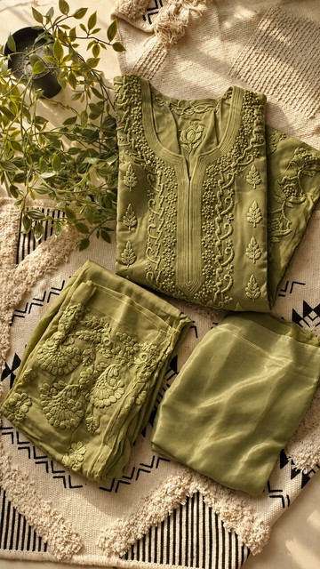 Olive  Viscous Georgette Chikankari Long Kurti
