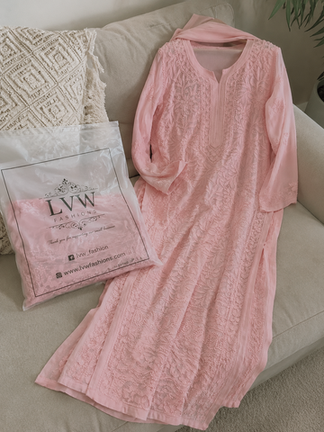 Peach Handcrafted Premium Georgette Chikankari Long Kurti Set