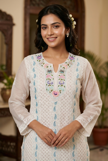 Zeba Pure Handcrafted Parsi Work Unstitched Kurta Dupatta Suit Pearl and Cutdana Add On with luxury chikankari Work